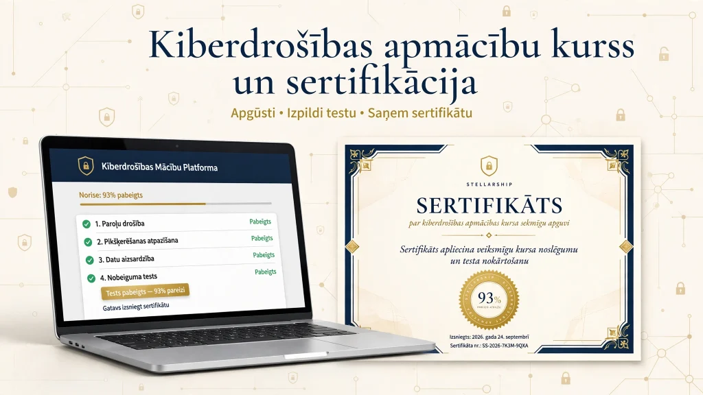 Kiberdrošības mācību platforma klēpjdatorā un Stellarship sertifikāts par apmācības kursa sekmīgu apguvi ar 93% pareizo atbilžu rezultātu